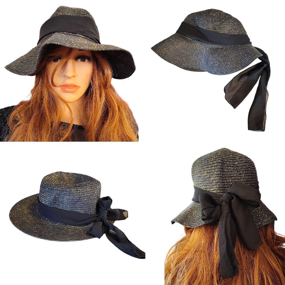 Black Gold Metallic Weaved Wide Brim Straw Sun Hat With Black Ribbon